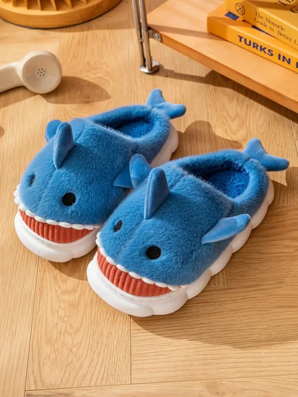 Men's Home Slippers Autumn and Winter New Interesting Cartoon Shark Plaid Cotton Slippers - Image 2