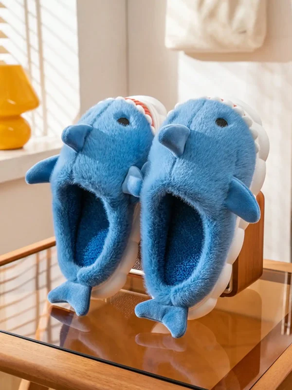 Men's Home Slippers Autumn and Winter New Interesting Cartoon Shark Plaid Cotton Slippers - Image 4