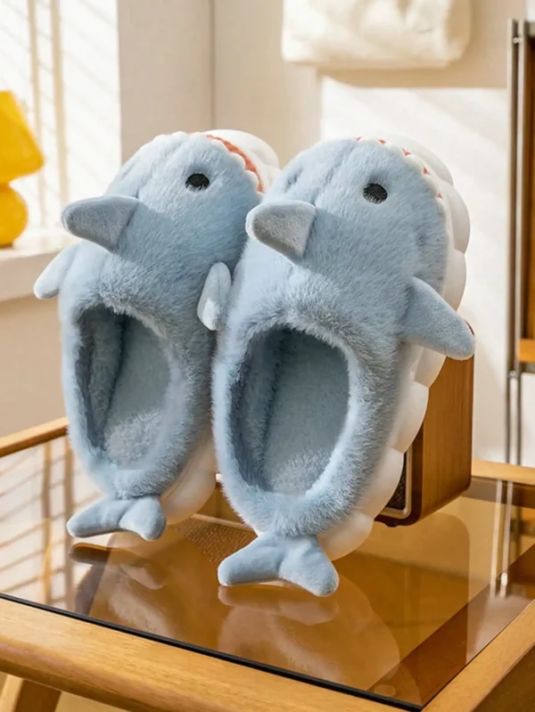 Men's Home Slippers Autumn and Winter New Interesting Cartoon Shark Plaid Cotton Slippers - Image 3