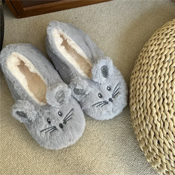 Home Fuzzy Slipper Women Winter Fur Contton Warm Plush Non Slip Grip Indoor Fluffy Lazy Female Mouse Ears Floor Shoe Living room - Image 4