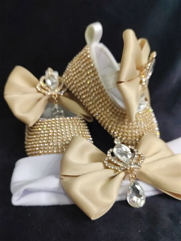 6. Dollbling Delicate Apricot Butterfly Baby Shoes Headband Set Luxury Diamond Fluff Outfit Red Bottom Little Girl Baptism Shoes - Image 3