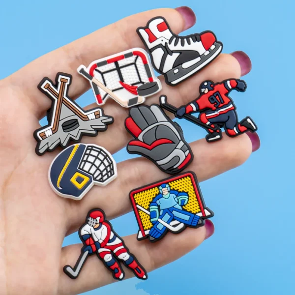 11pcs Hockey Shoe Charms Sportsmen Gloves Skates Shoe Accessories Decorations Pins Clog Jeans for Women Kid Fit Clog Sandals