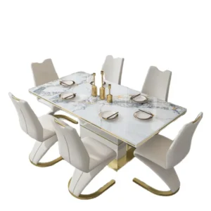Hanyee White Luxury Marble Dining Table Set 6 Chairs Sintered Stone Top with Gold Stainless Steel Base for Dining Room Furniture