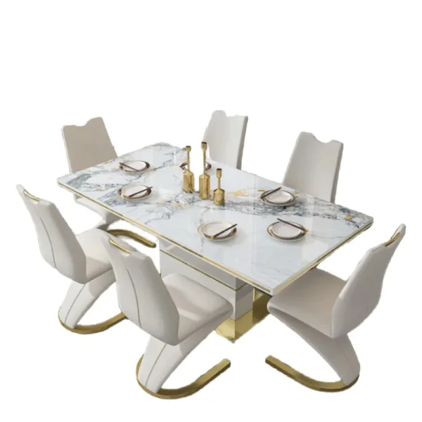 Hanyee White Luxury Marble Dining Table Set 6 Chairs Sintered Stone Top with Gold Stainless Steel Base for Dining Room Furniture