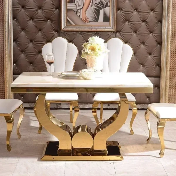 Dining Table Set,6 Chairs Sets Modern Luxury Simple Small Stainless Steel Artificial Marble Rectangular Combination Cafeteria - Image 5