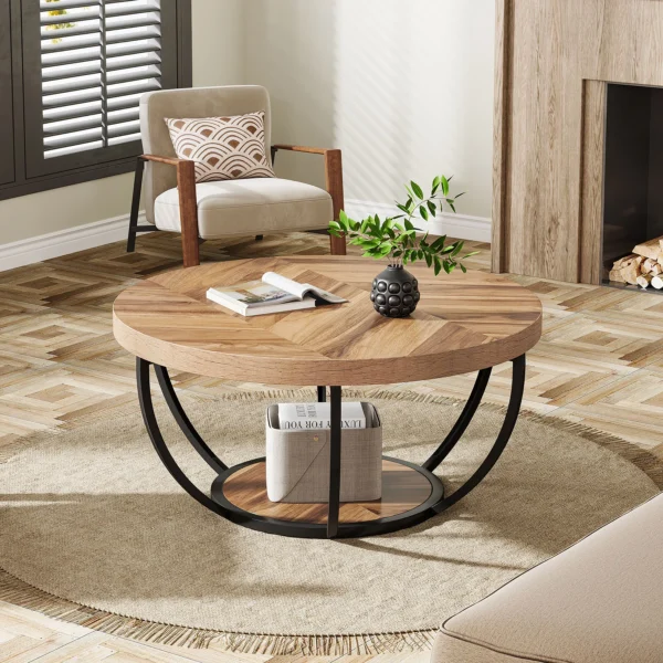 Tribesigns 31.7" Round Coffee Table, Industrial 2-Tier Circle Coffee Table with Storage Shelves, Modern Wooden Accent Center Tab - Image 2