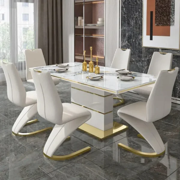 Hanyee White Luxury Marble Dining Table Set 6 Chairs Sintered Stone Top with Gold Stainless Steel Base for Dining Room Furniture - Image 2