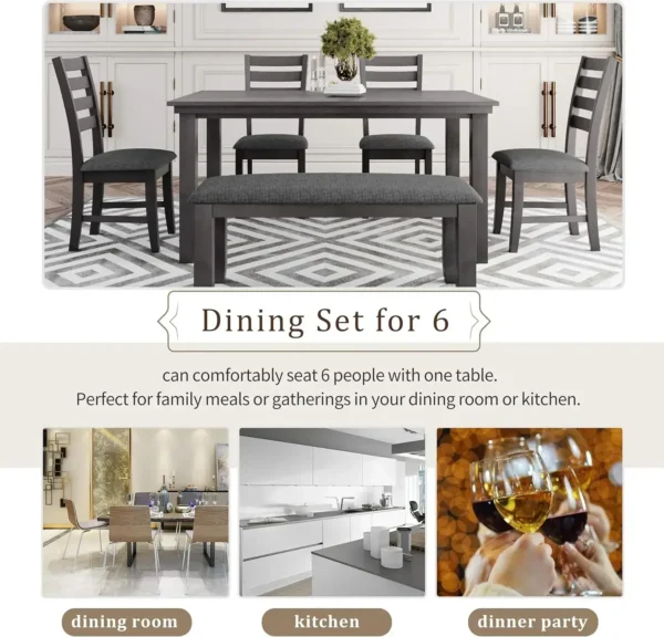 Wooden Dining Table Set, Rectangle Table and 4 Chairs with Bench with Cushion, Kitchen Chairs Set for 6 Persons Hot selling - Image 3