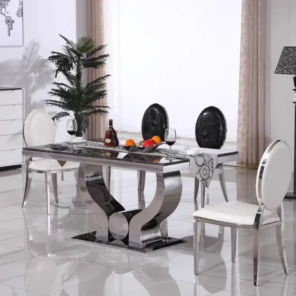 Dining Table Set,6 Chairs Sets Modern Luxury Simple Small Stainless Steel Artificial Marble Rectangular Combination Cafeteria - Image 6