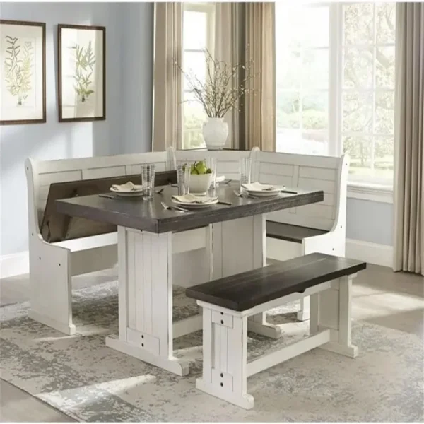 Wood Kitchen Corner Breakfast Dining Nook Set with Hidden Storage in Off White and Dark Brown