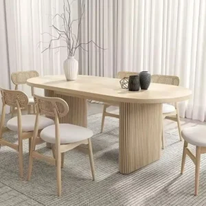 Modern Oval Dining Table Set, Solid Wood, Natural Finish, 6-Seater Nordic Style