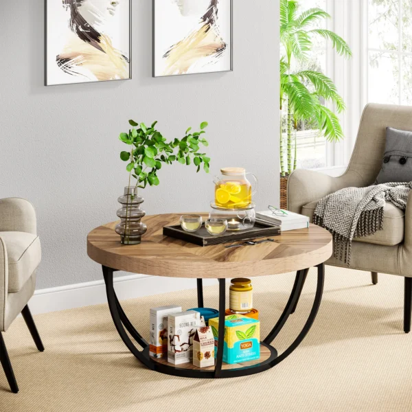 Tribesigns 31.7" Round Coffee Table, Industrial 2-Tier Circle Coffee Table with Storage Shelves, Modern Wooden Sofa Side Table - Image 4