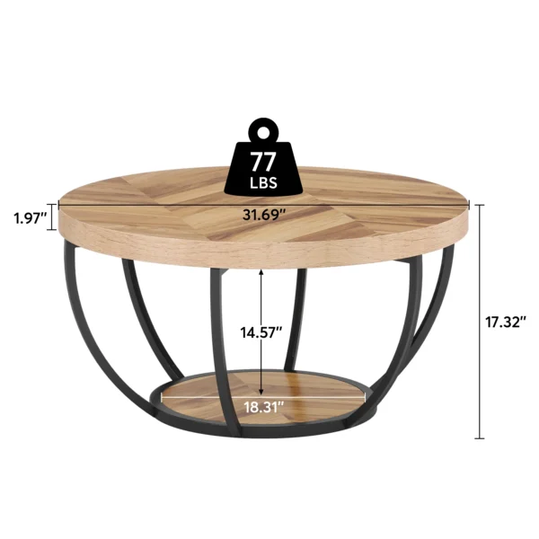 Tribesigns 31.7" Round Coffee Table, Industrial 2-Tier Circle Coffee Table with Storage Shelves, Modern Wooden Sofa Side Table - Image 2