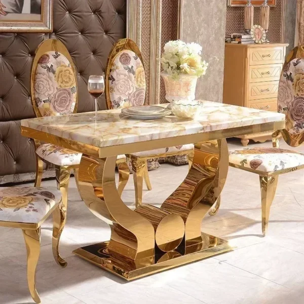 Dining Table Set,6 Chairs Sets Modern Luxury Simple Small Stainless Steel Artificial Marble Rectangular Combination Cafeteria - Image 4