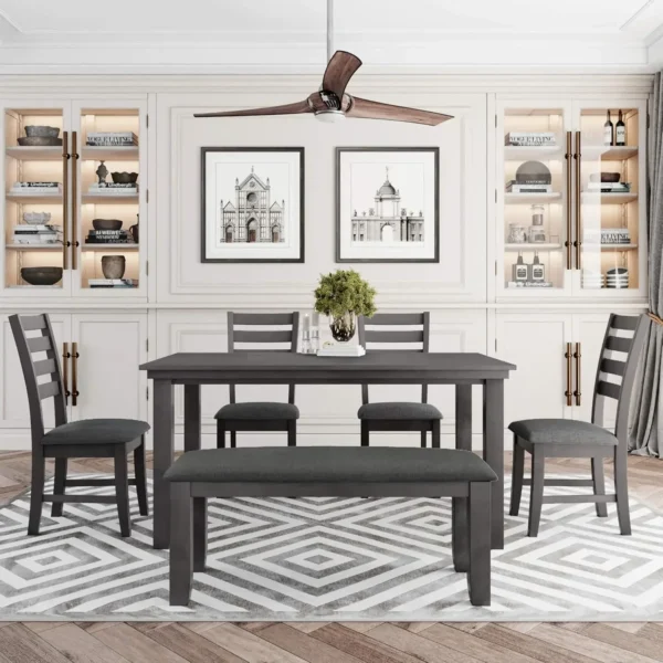 Wooden Dining Table Set, Rectangle Table and 4 Chairs with Bench with Cushion, Kitchen Chairs Set for 6 Persons Hot selling - Image 2