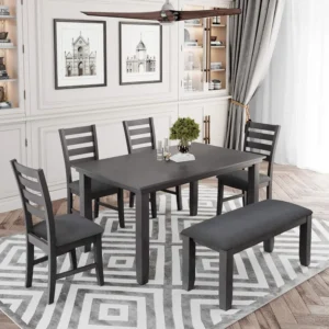 Wooden Dining Table Set, Rectangle Table and 4 Chairs with Bench with Cushion, Kitchen Chairs Set for 6 Persons Hot selling