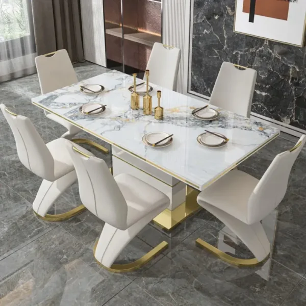 Hanyee White Luxury Marble Dining Table Set 6 Chairs Sintered Stone Top with Gold Stainless Steel Base for Dining Room Furniture - Image 3