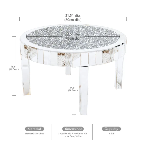 Mirrored Coffee Table with Crystal Inlay, 31.5'' Modern Round Coffee Table with Mirror Surface, Silver Accent Table Living Room - Image 5
