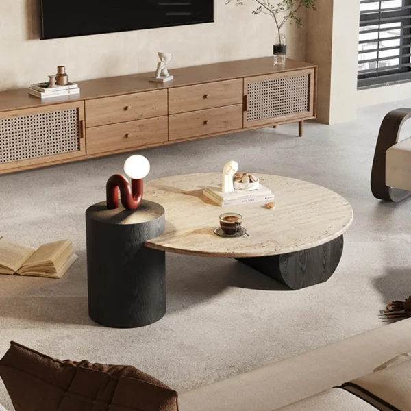 Stone Italian Side Table Nordic Natural Travertine Unique Wood Coffee Table Round Stone Designer Stolik Kawowy Home Furniture - Image 2