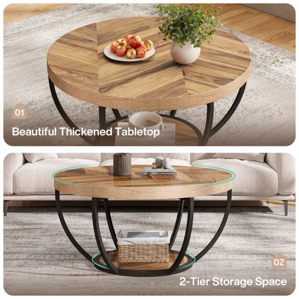 Tribesigns 31.7" Round Coffee Table, Industrial 2-Tier Circle Coffee Table with Storage Shelves, Modern Wooden Accent Center Tab - Image 3