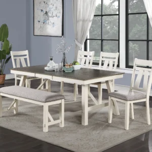 Dining Room Furniture 6pc Dining Set Table w Leaf And 4x Side Chairs 1x Bench Gray Fabric Cushion Seat White Clean Lines Wooden