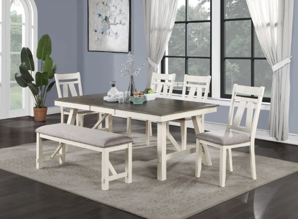 Dining Room Furniture 6pc Dining Set Table w Leaf And 4x Side Chairs 1x Bench Gray Fabric Cushion Seat White Clean Lines Wooden