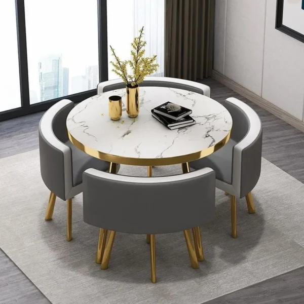 Marble Round 80cm Dining Tables Set 4 Chairs Modern Center Wood Table Luxury White Apartment Furniture - Image 2