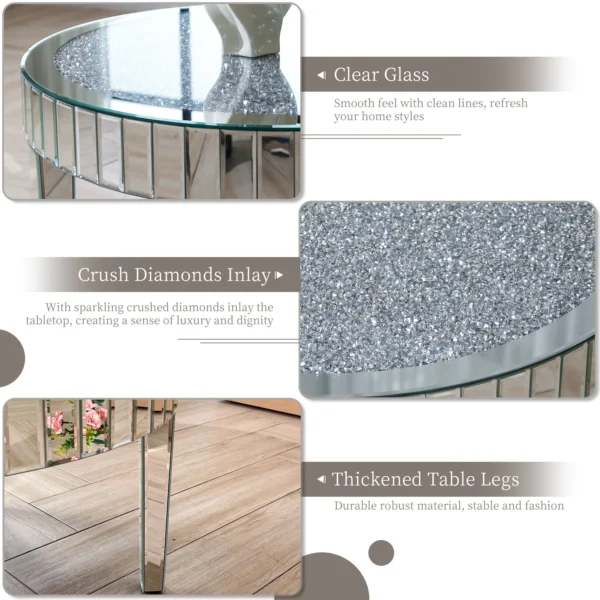 Mirrored Coffee Table with Crystal Inlay, 31.5'' Modern Round Coffee Table with Mirror Surface, Silver Accent Table Living Room - Image 4