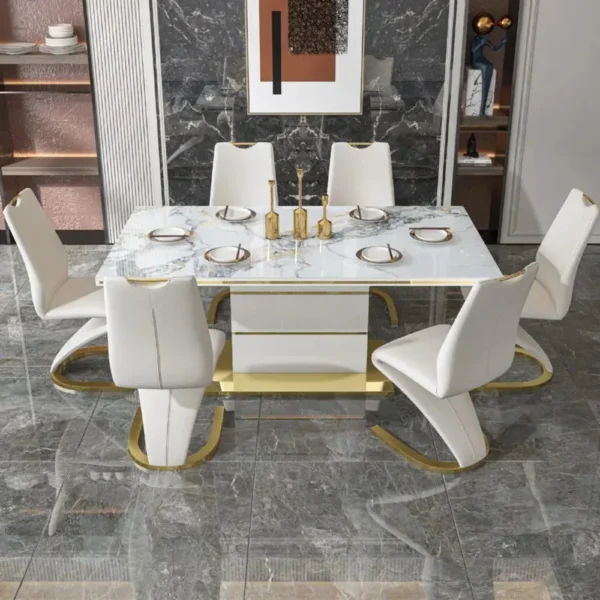 Hanyee White Luxury Marble Dining Table Set 6 Chairs Sintered Stone Top with Gold Stainless Steel Base for Dining Room Furniture - Image 4