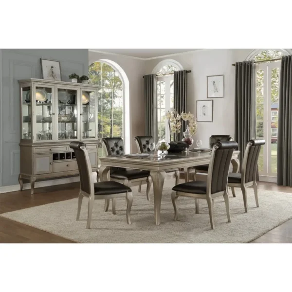 7-Piece Silver Finish Dining Set with Extension Leaf and 6 Crystal Button-Tufted Chairs, Traditional Style