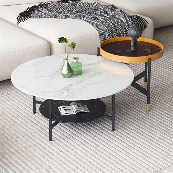 32" Heavy Duty Marble Coffee Table Large 2 Tier Round Sofa Side End Table Nightstand Open Storage Living Room Center Table Decor