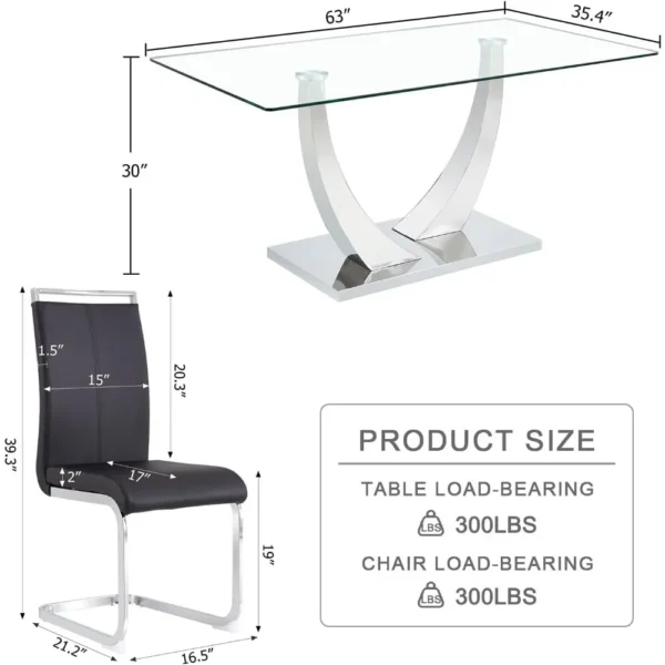 6 Set Minimalist Modern Dining Room Table Set 63” Glass Dining Table, for Kitchen Table and PU Leather Chairs - Image 2