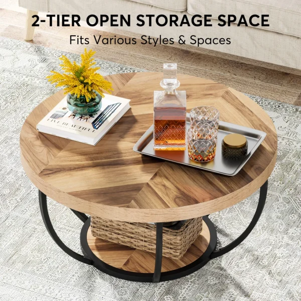 Tribesigns 31.7" Round Coffee Table, Industrial 2-Tier Circle Coffee Table with Storage Shelves, Modern Wooden Sofa Side Table - Image 5