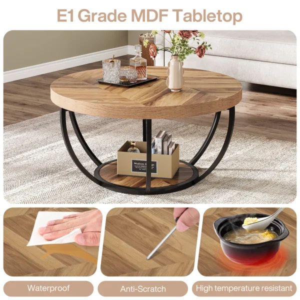Tribesigns 31.7" Round Coffee Table, Industrial 2-Tier Circle Coffee Table with Storage Shelves, Modern Wooden Accent Center Tab - Image 4