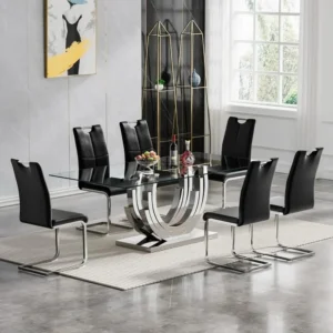 Modern 70" Glass Dining Table Set for 6 with Silver Table and Black Chairs