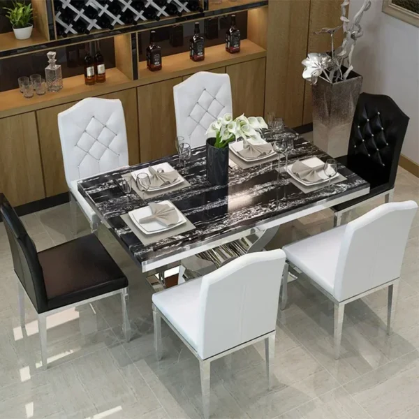 Dining Table Set,6 Chairs Sets Modern Luxury Simple Small Stainless Steel Artificial Marble Rectangular Combination Cafeteria - Image 2