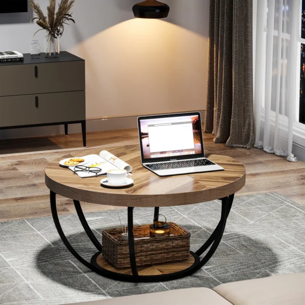 Tribesigns 31.7" Round Coffee Table, Industrial 2-Tier Circle Coffee Table with Storage Shelves, Modern Wooden Sofa Side Table - Image 3