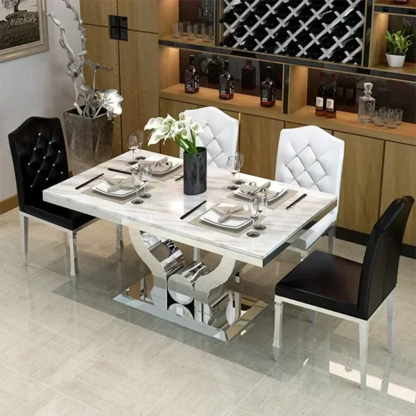 Dining Table Set,6 Chairs Sets Modern Luxury Simple Small Stainless Steel Artificial Marble Rectangular Combination Cafeteria - Image 3