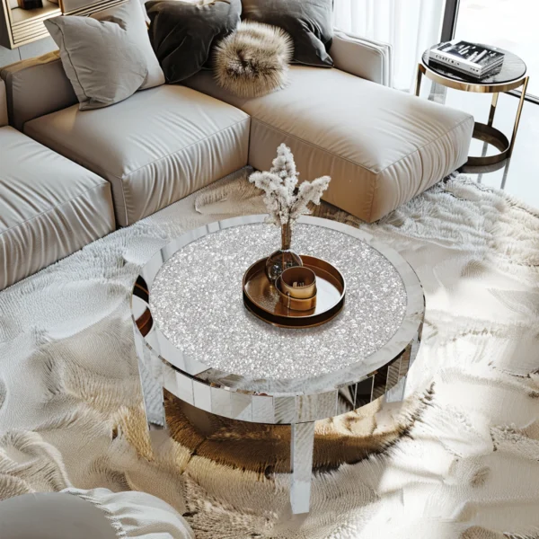 Mirrored Coffee Table with Crystal Inlay, 31.5'' Modern Round Coffee Table with Mirror Surface, Silver Accent Table Living Room - Image 2