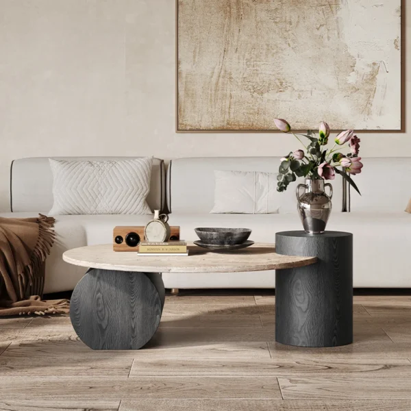 Stone Italian Side Table Nordic Natural Travertine Unique Wood Coffee Table Round Stone Designer Stolik Kawowy Home Furniture - Image 4