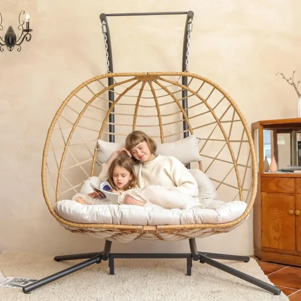 Double Egg Swing Chair with Stand, 2 Person Outdoor Indoor Hammock Hanging Chair with Cushion for Patio Living Room 550 LBS