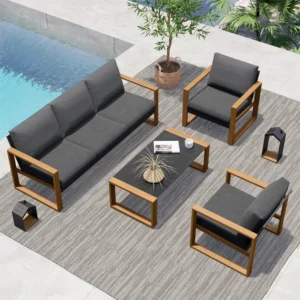 %a 4-Piece Modern Aluminum Patio Furniture Sets,Faux Wood Grain Finish Frame Sofa with Removable Extra Thick Cushions and Tabl