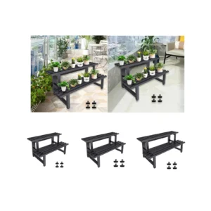 2 Tier Plant Stand Metal Storage Rack Black Adjustable Foot Pads Flower Planter Holder Planter Display Shelf for Garden Yard