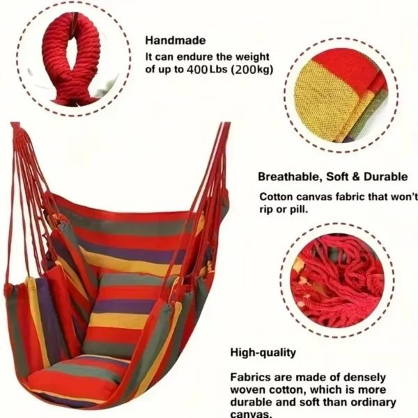 200KG Capacity Stripes Canvas Hammock Chair Thick for Garden Swing Seat Patio Camping Beach Dormitory Leisure with Storage Bag - Image 3