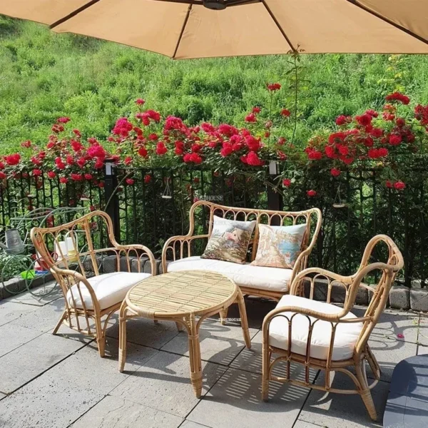 Garden Rattan Double Outdoor Sofas Japanese Garden Furniture Set Leisure Courtyard Balcony Backrest Single Armchair Combination - Image 2